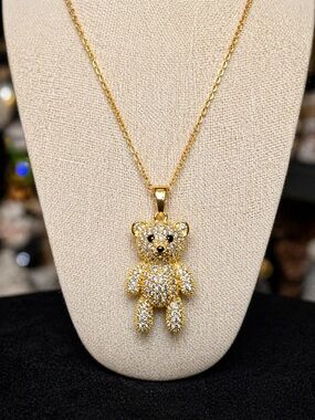 Gold Tone Teddy Bear Pendant Necklace CZ Pave Rhinestone Adjustable Chain